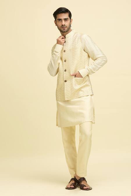 Arihant Rai Sinha_Beige Silk, Viscose Sequins, Embroidery Geometric Thread Nehru Jacket Set_at_Aza_Fashions
