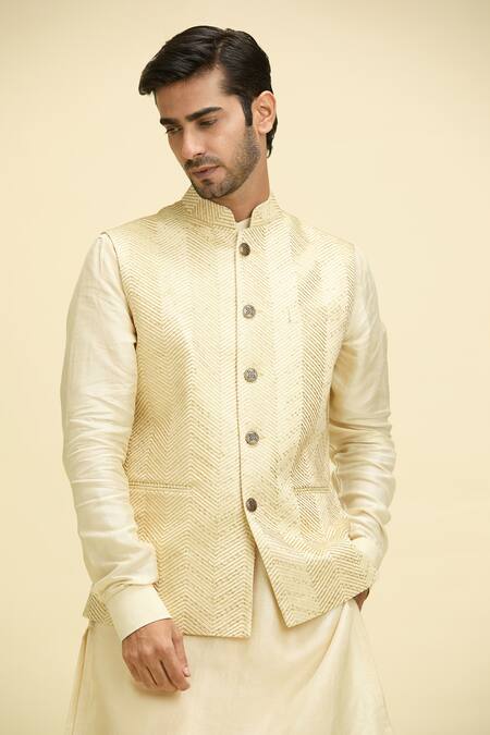 Buy_Arihant Rai Sinha_Beige Silk, Viscose Sequins, Embroidery Geometric Thread Nehru Jacket Set