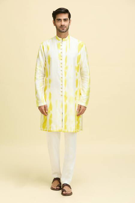 Arihant Rai Sinha_Yellow Silk, Viscose Tie-dye Pattern Kurta_Online_at_Aza_Fashions
