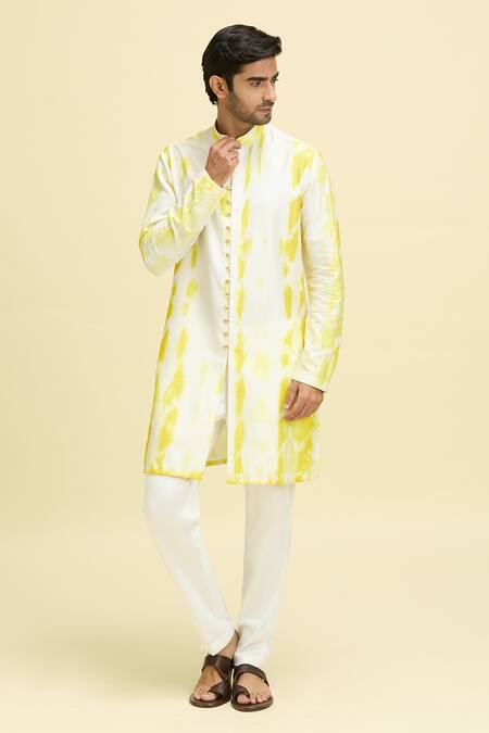 Buy_Arihant Rai Sinha_Yellow Silk, Viscose Tie-dye Pattern Kurta_Online_at_Aza_Fashions