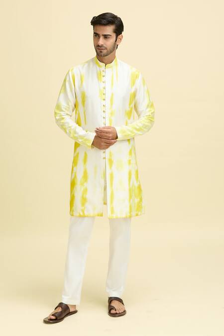 Shop_Arihant Rai Sinha_Yellow Silk, Viscose Tie-dye Pattern Kurta_Online_at_Aza_Fashions