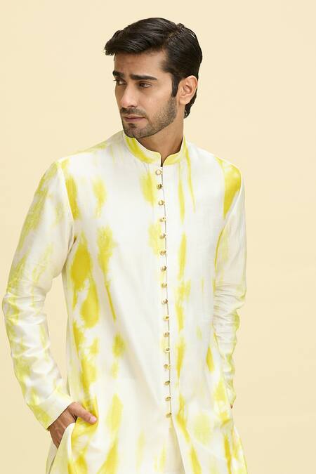Arihant Rai Sinha_Yellow Silk, Viscose Tie-dye Pattern Kurta_at_Aza_Fashions