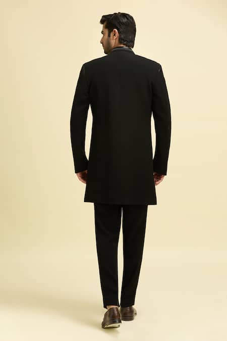 Shop Arihant Rai Sinha Black Silk, Viscose Ray Striped Work Bandhgala With Trouser at Aza Fashions Shop_Arihant Rai Sinha_Black Silk, Viscose Ray Striped Work Bandhgala With Trouser_at_Aza_Fashions