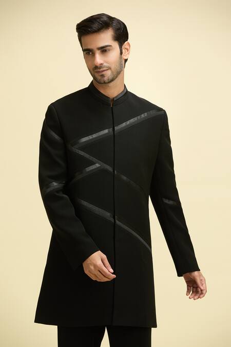 Buy Arihant Rai Sinha Black Silk, Viscose Ray Striped Work Bandhgala With Trouser Online at Aza Fashions Buy_Arihant Rai Sinha_Black Silk, Viscose Ray Striped Work Bandhgala With Trouser_Online_at_Aza_Fashions