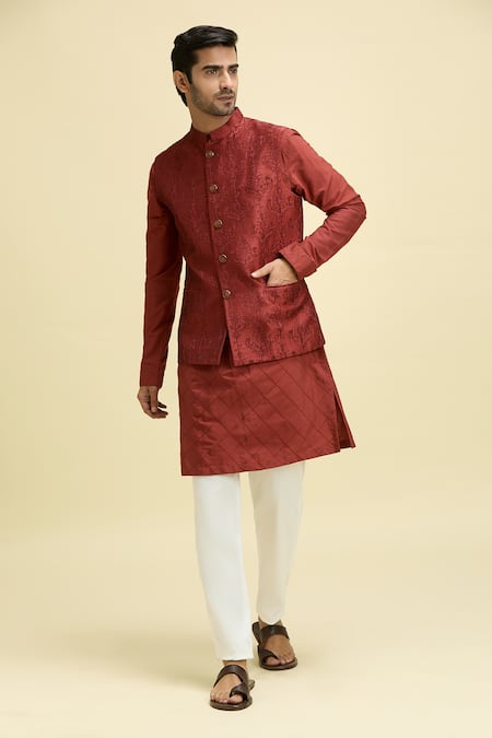 Arihant Rai Sinha Red Silk Viscose Embroidery Ambrosia Bundi And Kurta Set 