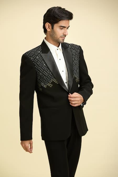 Arihant Rai Sinha Black Silk, Viscose Beads Quad Embellished Blazer With Shirt at Aza Fashions Arihant Rai Sinha_Black Silk, Viscose Beads Quad Embellished Blazer With Shirt_at_Aza_Fashions