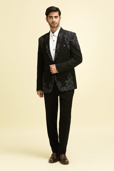Shop Arihant Rai Sinha Black Silk, Viscose Sequins, Beads Astron Embroidered Blazer With Shirt Online at Aza Fashions Shop_Arihant Rai Sinha_Black Silk, Viscose Sequins, Beads Astron Embroidered Blazer With Shirt_Online_at_Aza_Fashions