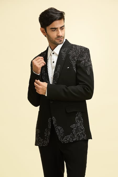 Arihant Rai Sinha Black Silk, Viscose Sequins, Beads Astron Embroidered Blazer With Shirt at Aza Fashions Arihant Rai Sinha_Black Silk, Viscose Sequins, Beads Astron Embroidered Blazer With Shirt_at_Aza_Fashions