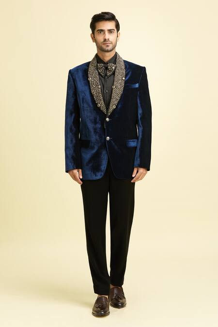 Arihant Rai Sinha_Blue Silk, Viscose Embroidery, Sequins Metallic Bloom Shawl Lapel Blazer Set_at_Aza_Fashions