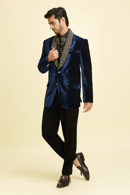 Buy_Arihant Rai Sinha_Blue Silk, Viscose Embroidery, Sequins Metallic Bloom Shawl Lapel Blazer Set