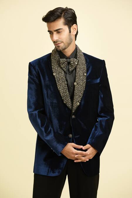 Shop_Arihant Rai Sinha_Blue Silk, Viscose Embroidery, Sequins Metallic Bloom Shawl Lapel Blazer Set