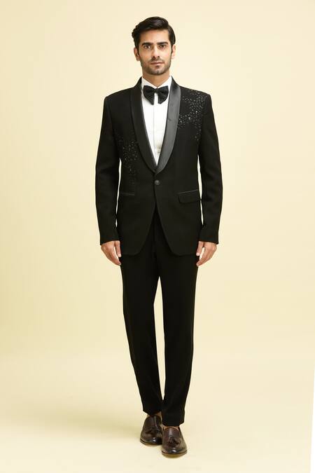 Arihant Rai Sinha_Black Silk, Viscose Sequins Wave Embroidered Blazer Set_at_Aza_Fashions