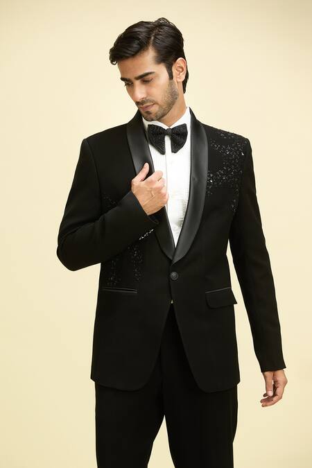 Shop_Arihant Rai Sinha_Black Silk, Viscose Sequins Wave Embroidered Blazer Set