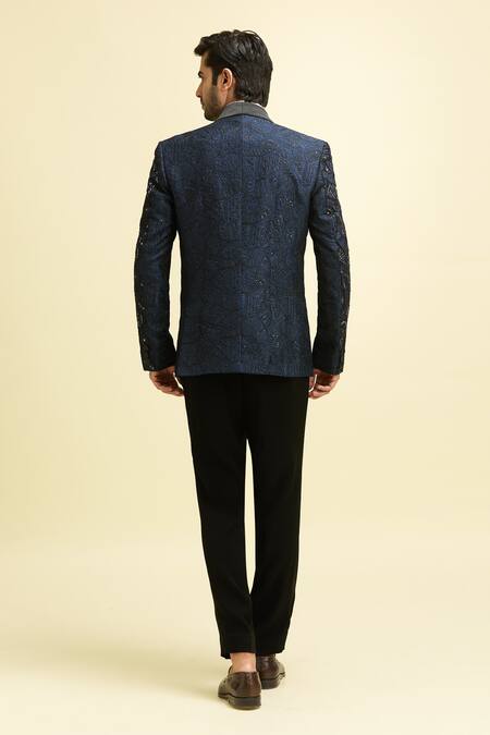 Shop Arihant Rai Sinha Blue Silk, Viscose, Cotton Sequins, Beads Mosaic Flora Embroidered Blazer Set at Aza Fashions Shop_Arihant Rai Sinha_Blue Silk, Viscose, Cotton Sequins, Beads Mosaic Flora Embroidered Blazer Set_at_Aza_Fashions