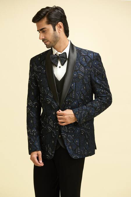 Shop Arihant Rai Sinha Blue Silk, Viscose, Cotton Sequins, Beads Mosaic Flora Embroidered Blazer Set Online at Aza Fashions Shop_Arihant Rai Sinha_Blue Silk, Viscose, Cotton Sequins, Beads Mosaic Flora Embroidered Blazer Set_Online_at_Aza_Fashions