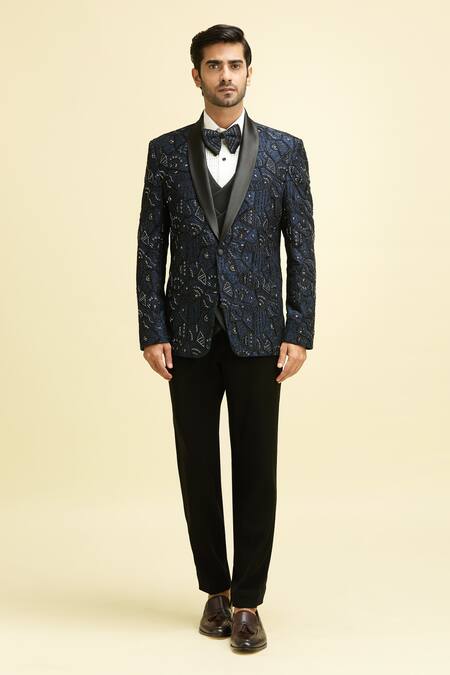 Shop Arihant Rai Sinha Blue Silk, Viscose, Cotton Sequins, Beads Mosaic Flora Embroidered Blazer Set Shop_Arihant Rai Sinha_Blue Silk, Viscose, Cotton Sequins, Beads Mosaic Flora Embroidered Blazer Set