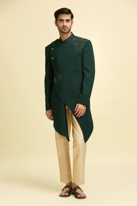 Arihant Rai Sinha Green Silk, Viscose Embroidery Bloom Vine Bandhgala With Pant Online at Aza Fashions Arihant Rai Sinha_Green Silk, Viscose Embroidery Bloom Vine Bandhgala With Pant_Online_at_Aza_Fashions