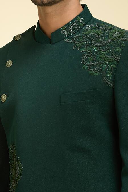 Shop Arihant Rai Sinha Green Silk, Viscose Embroidery Bloom Vine Bandhgala With Pant Online at Aza Fashions Shop_Arihant Rai Sinha_Green Silk, Viscose Embroidery Bloom Vine Bandhgala With Pant_Online_at_Aza_Fashions