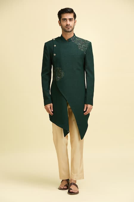 Arihant Rai Sinha Green Silk, Viscose Embroidery Bloom Vine Bandhgala With Pant at Aza Fashions Arihant Rai Sinha_Green Silk, Viscose Embroidery Bloom Vine Bandhgala With Pant_at_Aza_Fashions