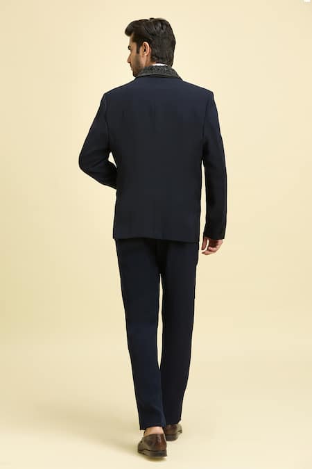 Shop_Arihant Rai Sinha_Blue Silk, Viscose Embroidery Vine Lapel Collar Blazer Set _at_Aza_Fashions