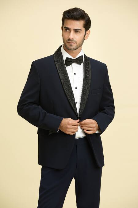 Buy_Arihant Rai Sinha_Blue Silk, Viscose Embroidery Vine Lapel Collar Blazer Set _Online_at_Aza_Fashions