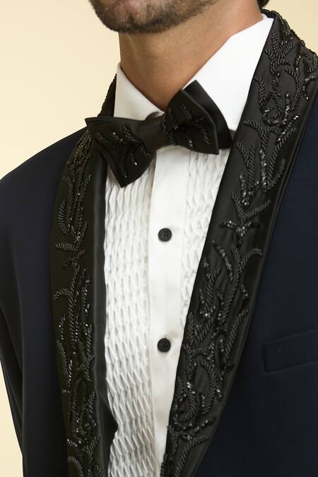 Shop_Arihant Rai Sinha_Blue Silk, Viscose Embroidery Vine Lapel Collar Blazer Set _Online_at_Aza_Fashions