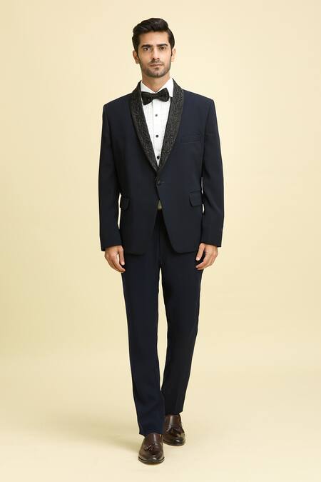 Arihant Rai Sinha_Blue Silk, Viscose Embroidery Vine Lapel Collar Blazer Set _at_Aza_Fashions