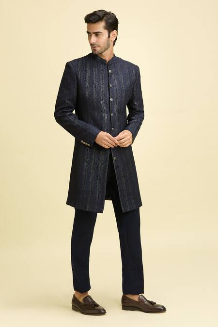 Buy_Arihant Rai Sinha_Blue Silk, Viscose Embroidery Gullista Bandhgala With Trouser_Online_at_Aza_Fashions