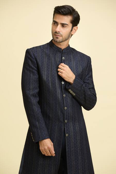 Shop_Arihant Rai Sinha_Blue Silk, Viscose Embroidery Gullista Bandhgala With Trouser_Online_at_Aza_Fashions