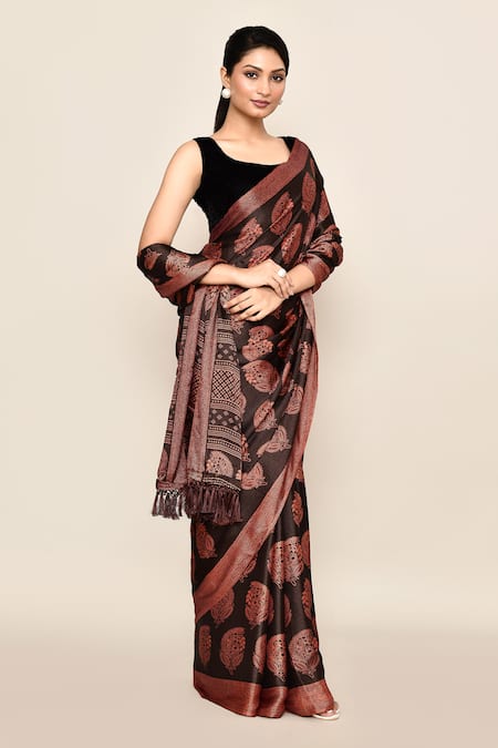 Shop_Samyukta Singhania_Brown Chiffon, Jacquard Floral Buta Print Saree With Running Blouse Piece_Online_at_Aza_Fashions