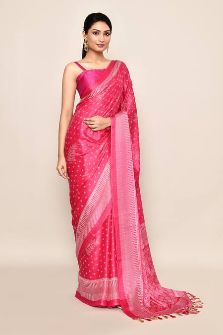 Buy_Samyukta Singhania_Pink Chiffon, Jacquard Tassels Circular Print Saree With Running Blouse Piece_Online_at_Aza_Fashions