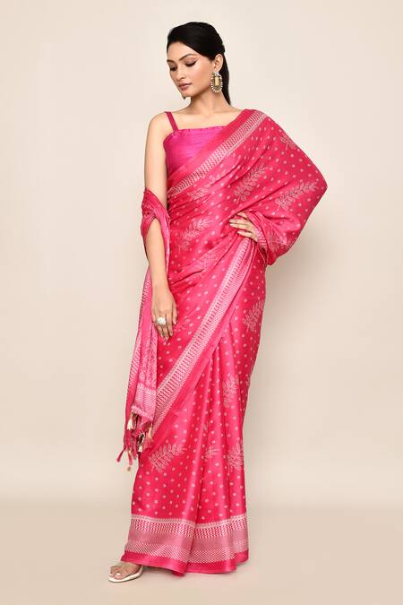 Shop_Samyukta Singhania_Pink Chiffon, Jacquard Tassels Circular Print Saree With Running Blouse Piece_Online_at_Aza_Fashions