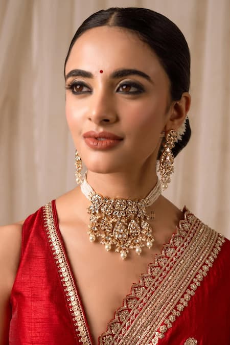 Anana White Pom-poms, Beads, Diamonds Trisha Tear Drop Cutwork Necklace Set 