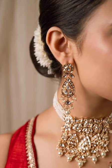 Shop_Anana_White Pom-poms, Beads, Diamonds Trisha Tear Drop Cutwork Necklace Set _at_Aza_Fashions