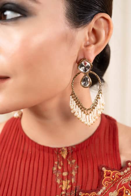 Shop Anana White Gota Patti, Diamonds Ujwala Kundan Embellished Earrings at Aza Fashions Shop_Anana_White Gota Patti, Diamonds Ujwala Kundan Embellished Earrings _at_Aza_Fashions