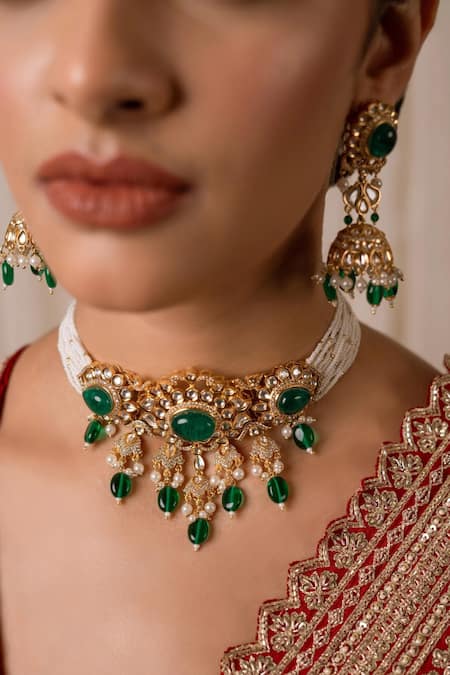Anana_Green Beads, Piping Indira Kundan Embellished Choker Set _Online_at_Aza_Fashions
