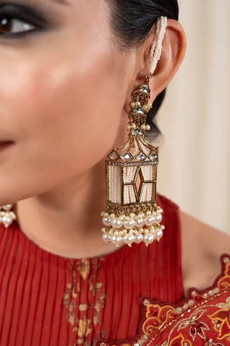 Shop_Anana_White Pearls, Diamonds Rajkumari Kundan Polki Embellished Chandelier Earrings _at_Aza_Fashions