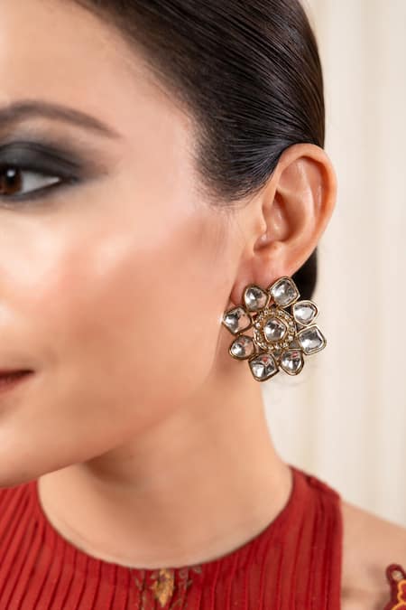 Anana Ritika Kundan Polki Embellished Floral Studs 