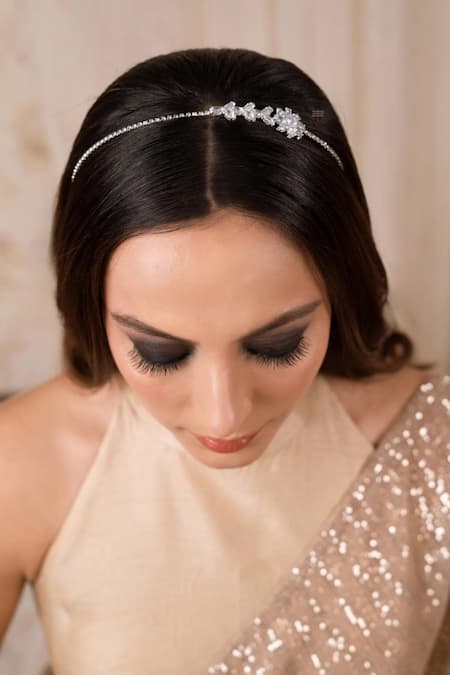 Shop_Anana_Silver Zari Shelja Floral Zircon Embellished Hairband _at_Aza_Fashions