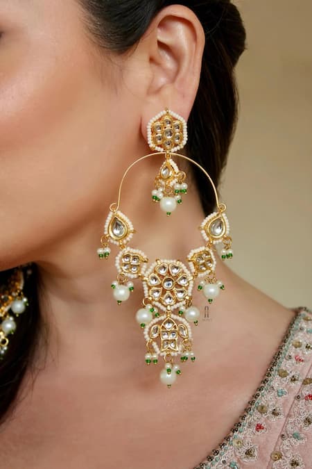 Anana_White Pearls, Diamonds Aisha Kundan And Victorian Polki Embellished Chandbalis _Online_at_Aza_Fashions