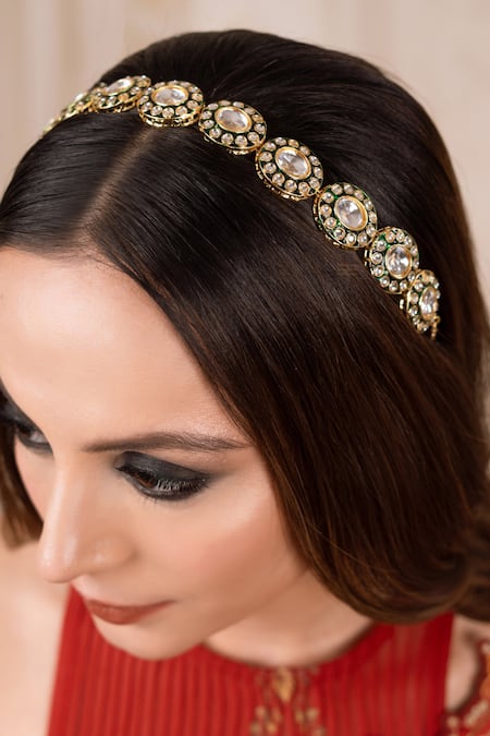 Shop_Anana_Green Aliya Kundan And Polki Embellished Mathapatti _at_Aza_Fashions