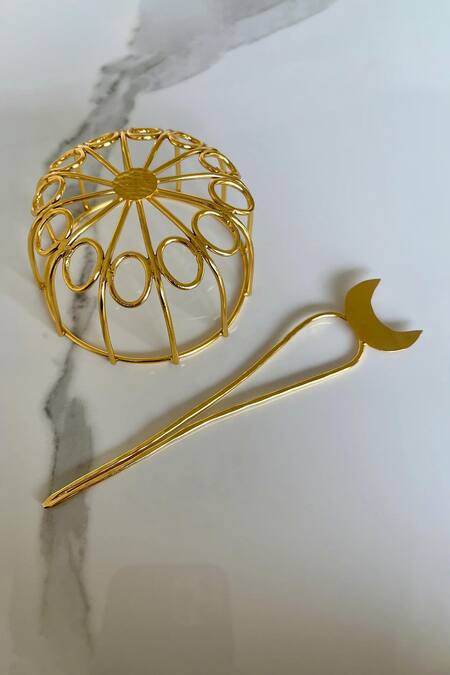 Buy_Anana_Gold Plated Pearls Banjara Celeste Tribe Hair Bun Cage And Stick_Online_at_Aza_Fashions