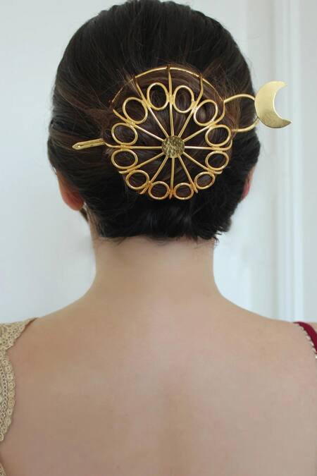 Anana_Gold Plated Pearls Banjara Celeste Tribe Hair Bun Cage And Stick_at_Aza_Fashions