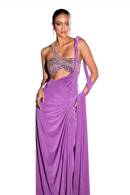 Ohaila Khan_Multi Color Tulle, Lycra Sequins One Shoulder Merak Pre-draped Saree With Blouse _at_Aza_Fashions