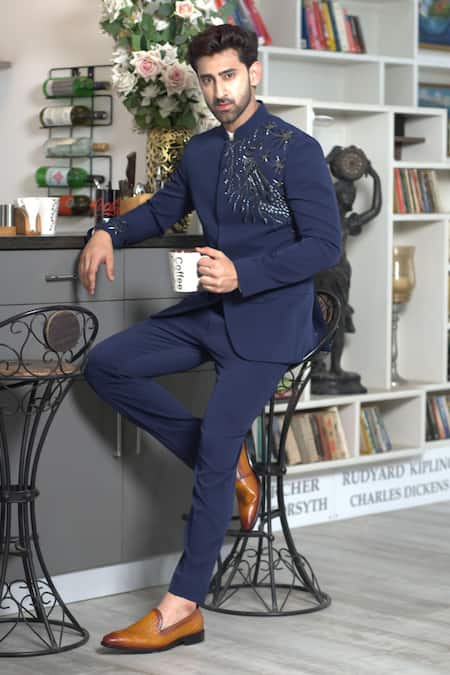 Shop_Courtyard By Abhi_Blue Lycra Beads Peacock Embellished Bandhgala With Trouser _at_Aza_Fashions