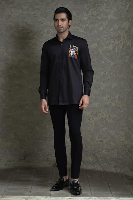 Courtyard By Abhi Black Cotton, Lycra Handpainted Shirt With Trouser 