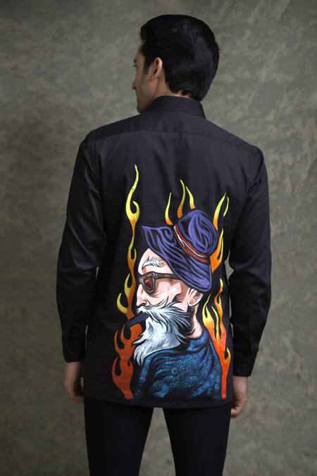 Shop_Courtyard By Abhi_Black Cotton, Lycra Handpainted Shirt With Trouser _at_Aza_Fashions
