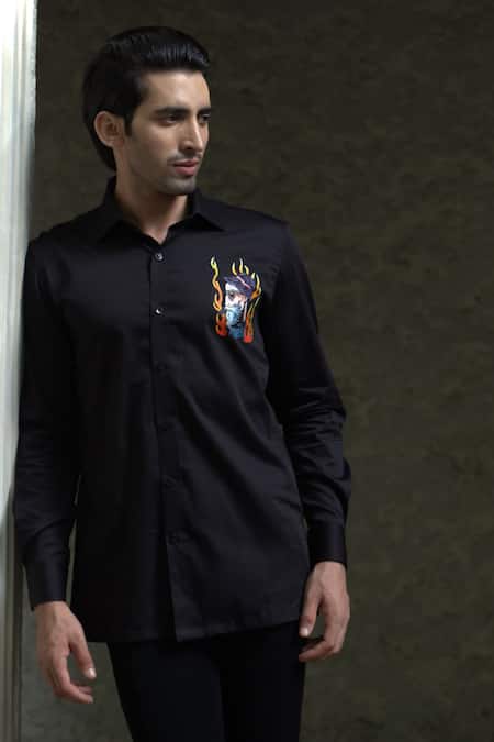 Shop_Courtyard By Abhi_Black Cotton, Lycra Handpainted Shirt With Trouser _Online_at_Aza_Fashions