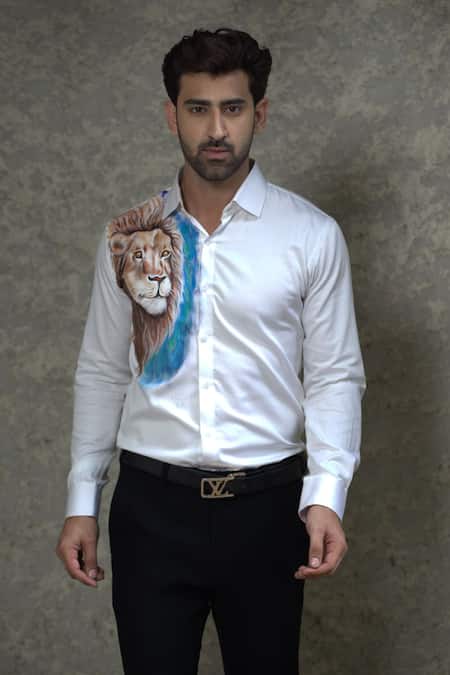 Shop Courtyard By Abhi White Cotton, Lycra Lion Handpainted Shirt With Trouser at Aza Fashions Shop_Courtyard By Abhi_White Cotton, Lycra Lion Handpainted Shirt With Trouser _at_Aza_Fashions