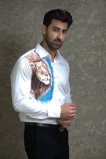 Buy_Courtyard By Abhi_White Cotton, Lycra Lion Handpainted Shirt With Trouser _Online_at_Aza_Fashions